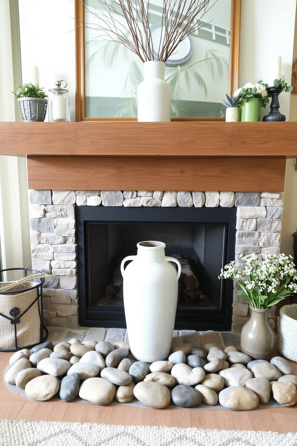 A cozy living room featuring a spring-themed fireplace adorned with natural elements. Smooth river stones are arranged around the base of the fireplace, while slender branches are artfully placed in a tall vase on the mantel. The fireplace itself is framed with reclaimed wood, adding warmth to the space. Soft green and cream accents in the decor complete the inviting atmosphere, making it perfect for a spring gathering.