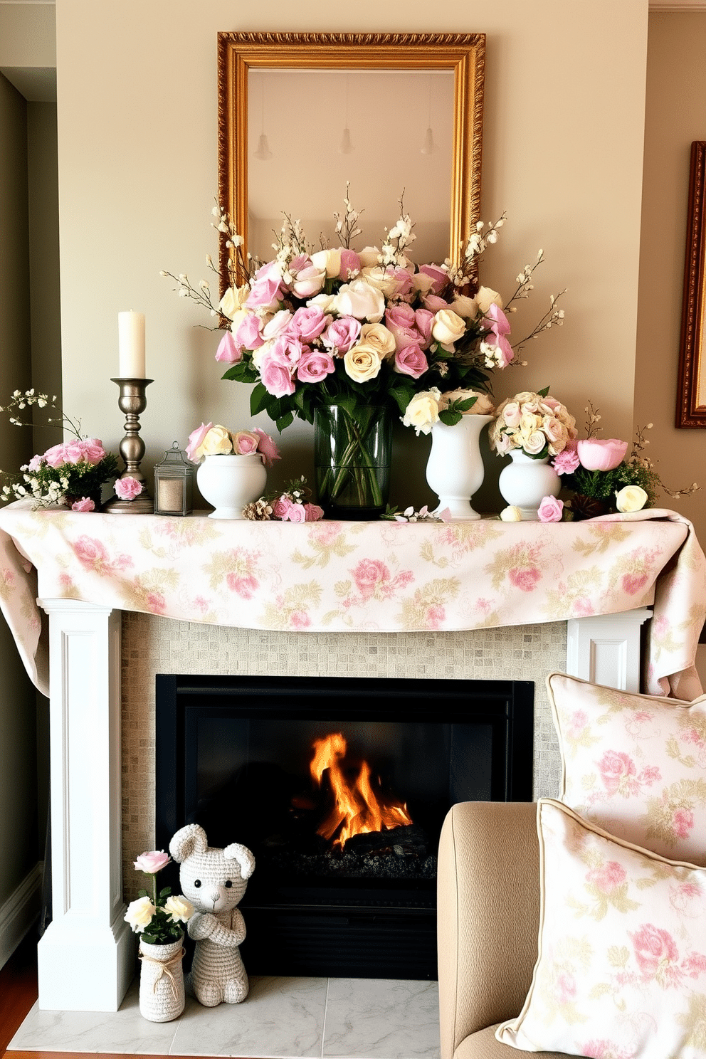 A cozy living room featuring a spring-inspired fireplace adorned with floral patterned fabric. The mantle is decorated with a variety of fresh flowers in pastel colors, complemented by elegant candle holders and seasonal decor. The fireplace itself is framed with a soft, floral patterned fabric that adds warmth and charm to the space. Plush cushions with matching patterns are scattered on a nearby sofa, creating an inviting atmosphere perfect for relaxation.