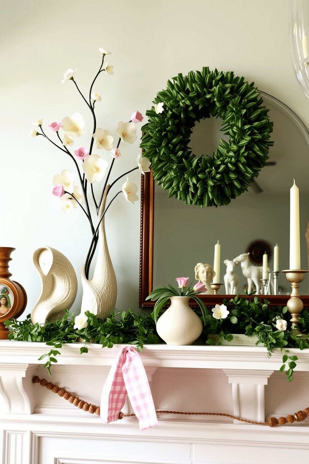 Artistic sculptures that reflect spring. The sculptures feature delicate flowers and vibrant colors, capturing the essence of the season and enhancing the surrounding space. Spring fireplace decorating ideas. The mantel is adorned with fresh greenery and pastel-colored accents, creating a warm and inviting atmosphere perfect for the season.