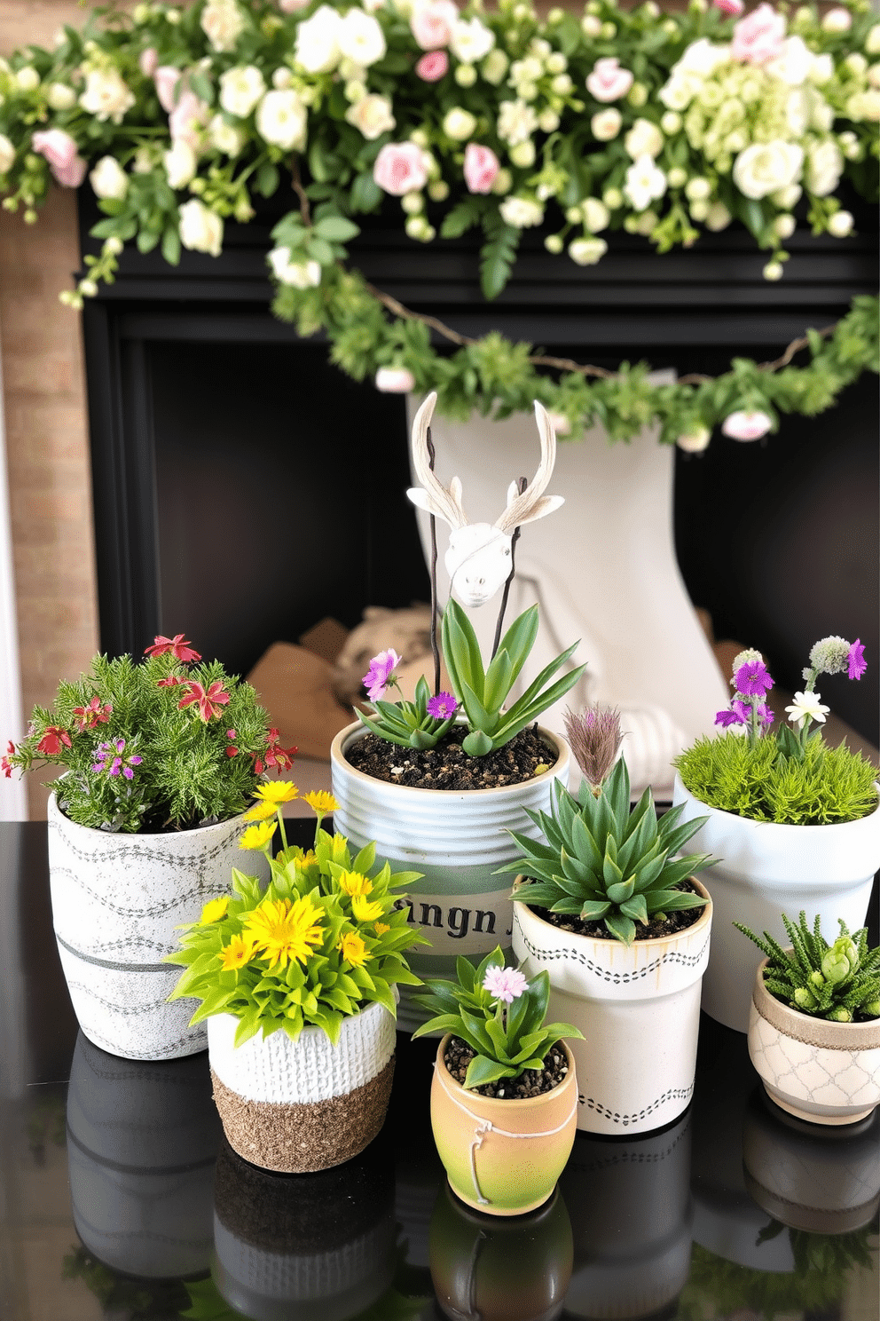 A collection of miniature gardens is arranged in various decorative containers showcasing vibrant greenery and colorful flowers. Each container is uniquely designed, featuring textures and patterns that complement the plants within. The fireplace is adorned with seasonal decorations that evoke the essence of spring. Delicate floral arrangements and pastel-colored accents create a warm and inviting atmosphere around the hearth.