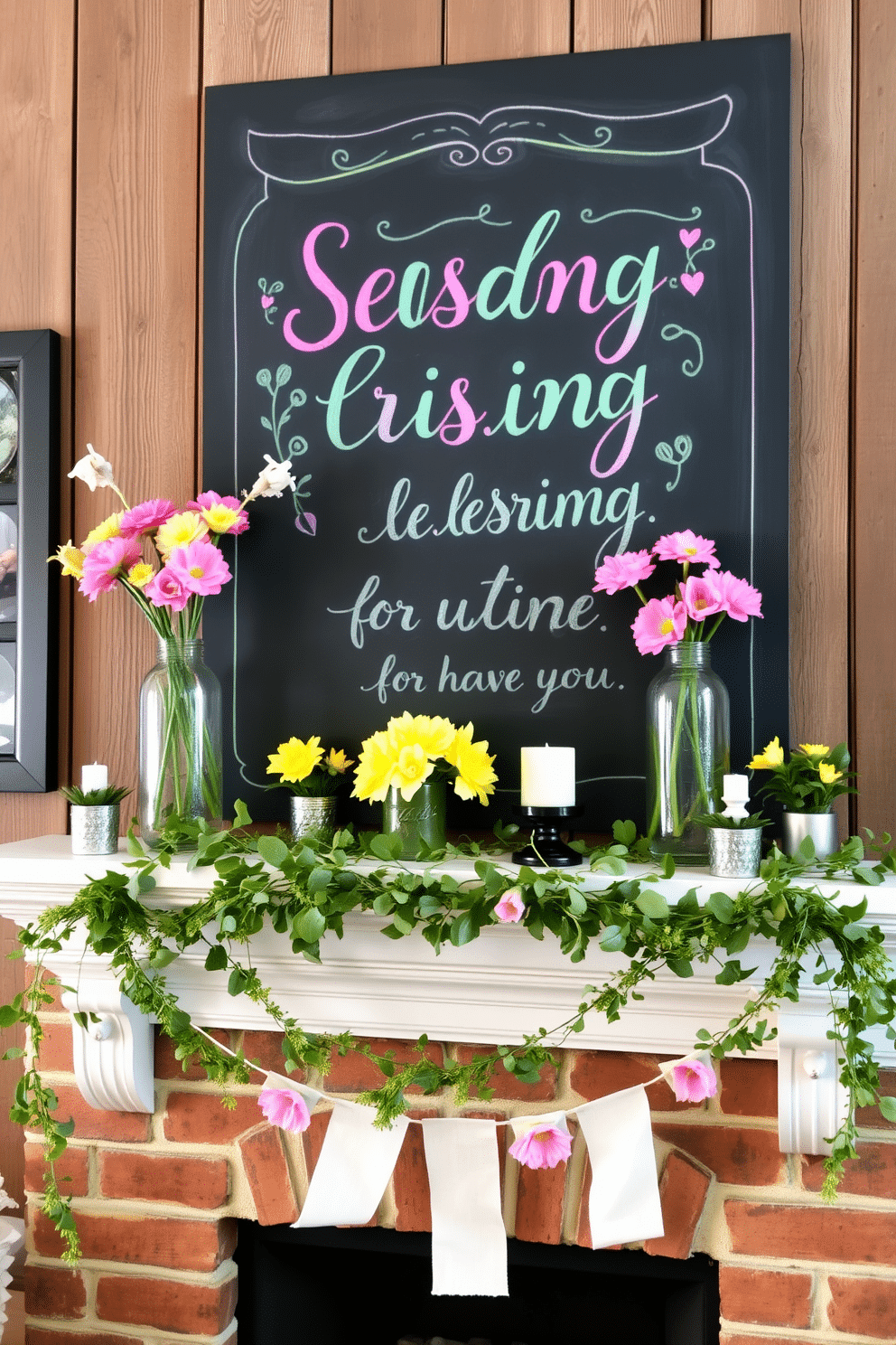 A large chalkboard is mounted on a rustic wooden wall, featuring colorful seasonal greetings in elegant handwritten script. Surrounding the chalkboard, vibrant spring flowers in various shades of pink and yellow are arranged in mason jars, adding a cheerful touch to the decor. A cozy fireplace is adorned with a mix of natural elements and pastel accents for spring. Delicate garlands of greenery drape across the mantel, complemented by decorative candles and small potted plants for a fresh and inviting atmosphere.