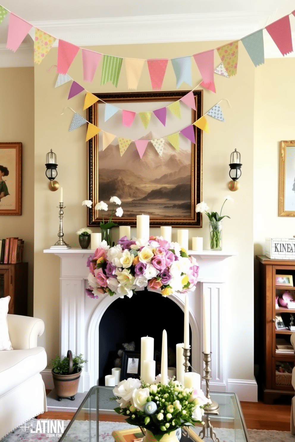 A vibrant spring living room adorned with colorful bunting and banners creating a festive atmosphere. The fireplace is elegantly decorated with fresh flowers in pastel hues and an assortment of decorative candles arranged on the mantel.