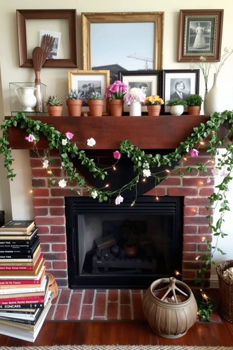 A cozy living room featuring a fireplace adorned with repurposed items as unique decor pieces. Vintage books stacked beside the hearth and a reclaimed wood mantel decorated with potted succulents and framed photographs create a warm, inviting atmosphere. For spring, the fireplace is enhanced with fresh flowers in vibrant colors and pastel accents. Delicate garlands of greenery and twinkling fairy lights drape elegantly, bringing a touch of nature indoors while celebrating the season.