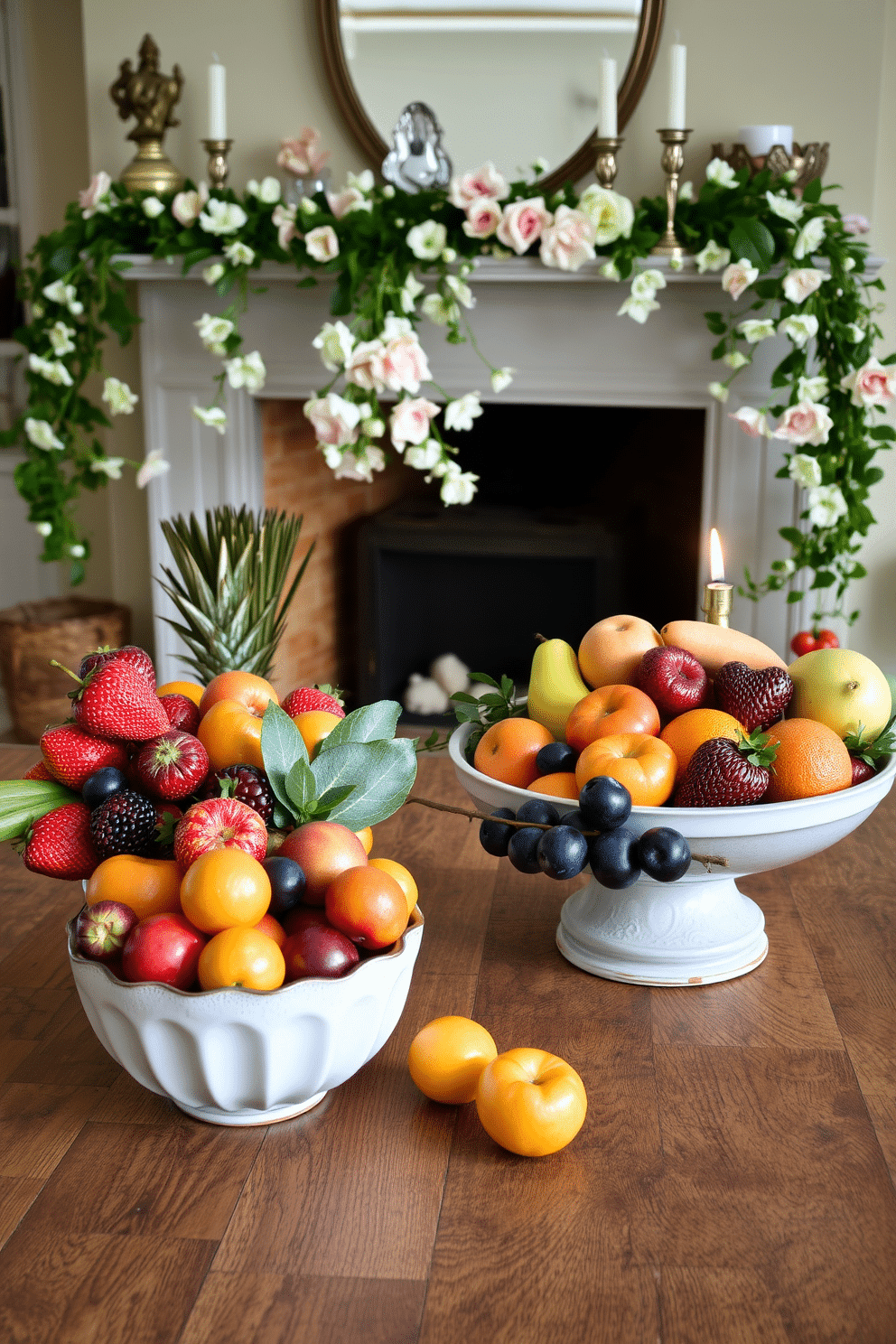 A vibrant arrangement of seasonal fruit bowls is displayed on a rustic wooden dining table. The bowls are filled with an assortment of colorful fruits, creating a fresh and inviting atmosphere. The fireplace is adorned with delicate spring-themed decorations, including pastel-colored flowers and elegant candles. Soft greenery and decorative accents enhance the cozy feel of the space, making it perfect for the season.