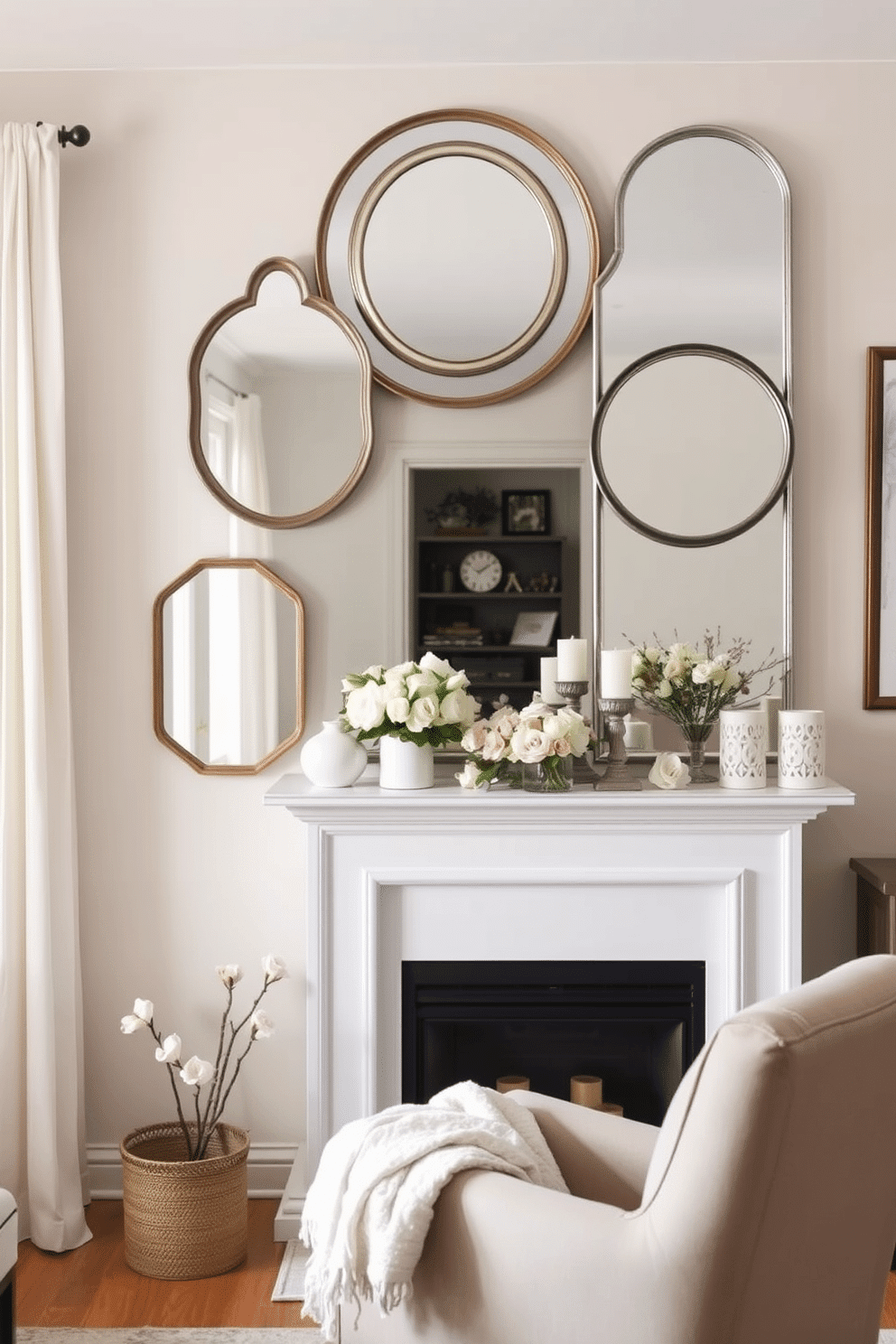 A cozy living room featuring layered mirrors strategically placed to enhance light reflection. The mirrors vary in size and shape, creating a visually interesting focal point above a modern fireplace. The fireplace is adorned with seasonal spring decorations, including pastel-colored flowers and decorative candles. A soft throw drapes over a nearby armchair, complementing the light and airy atmosphere of the space.