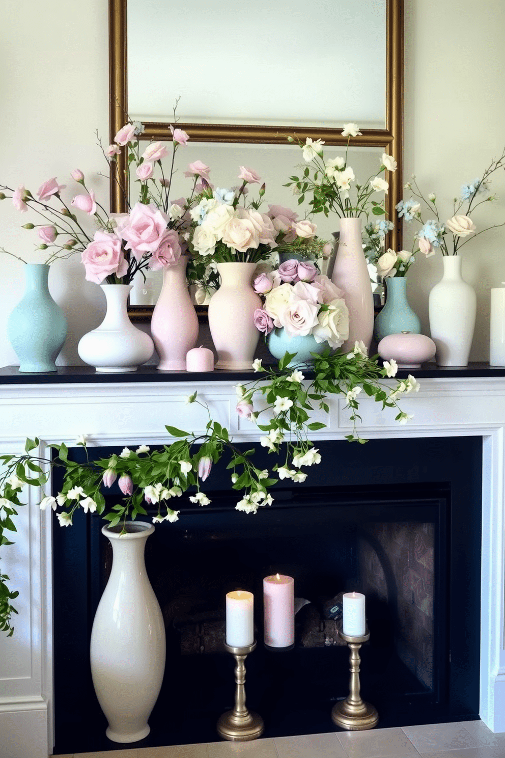 Soft pastel colored vases in various shapes and sizes are arranged on a mantel to create an elegant spring atmosphere. Fresh flowers in soft pinks and blues are artfully displayed, enhancing the light and airy feel of the room. The fireplace is adorned with delicate garlands of greenery intertwined with pastel blooms, adding a touch of nature. A few candles in soft pastel hues are placed on the hearth, creating a warm and inviting focal point.