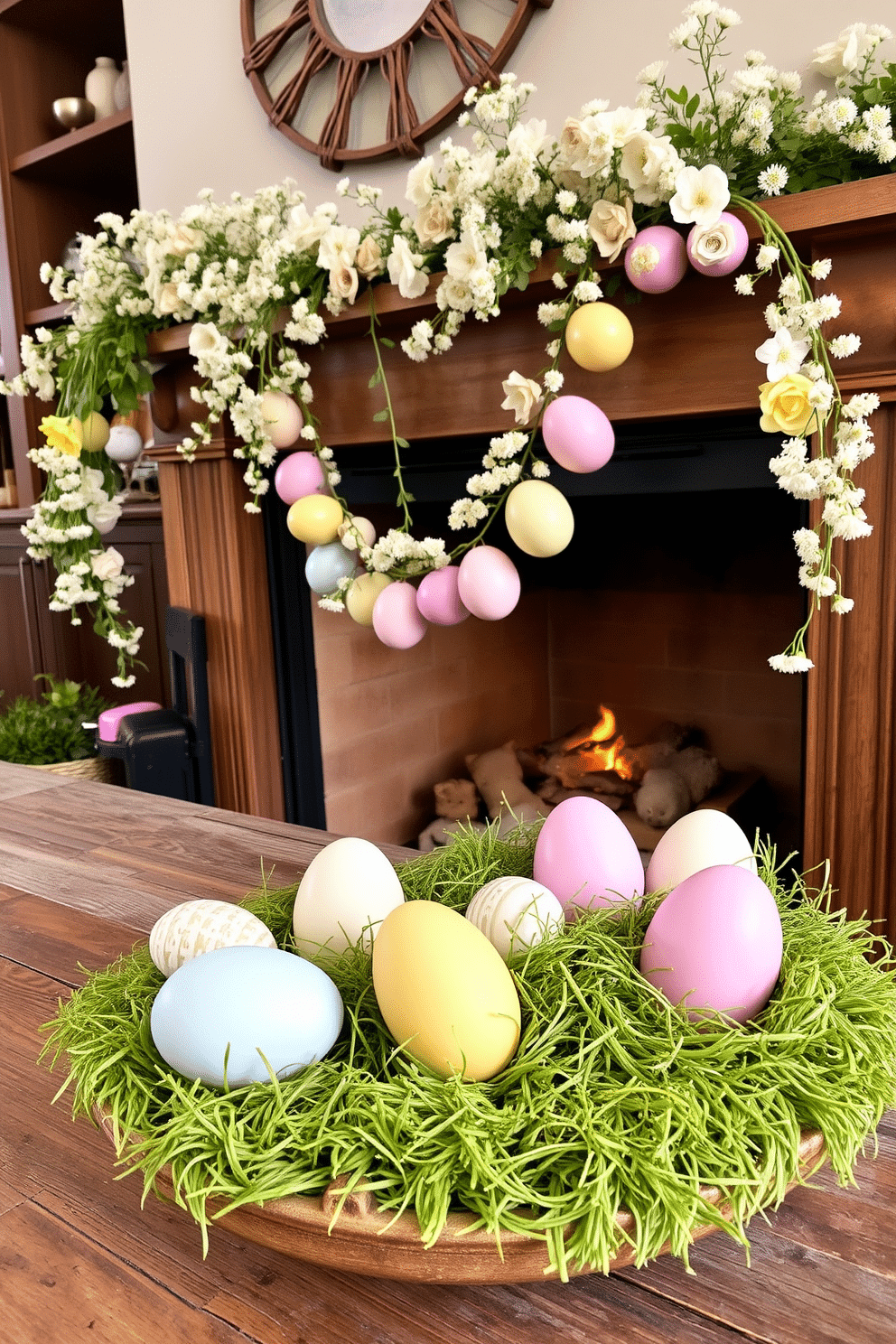 A charming display of Easter themed decorative eggs is arranged on a rustic wooden table. The eggs are painted in pastel colors and nestled in a bed of soft green moss. The fireplace is adorned with delicate spring flowers and seasonal greenery. A cheerful garland of colorful eggs drapes across the mantel, creating a festive focal point.