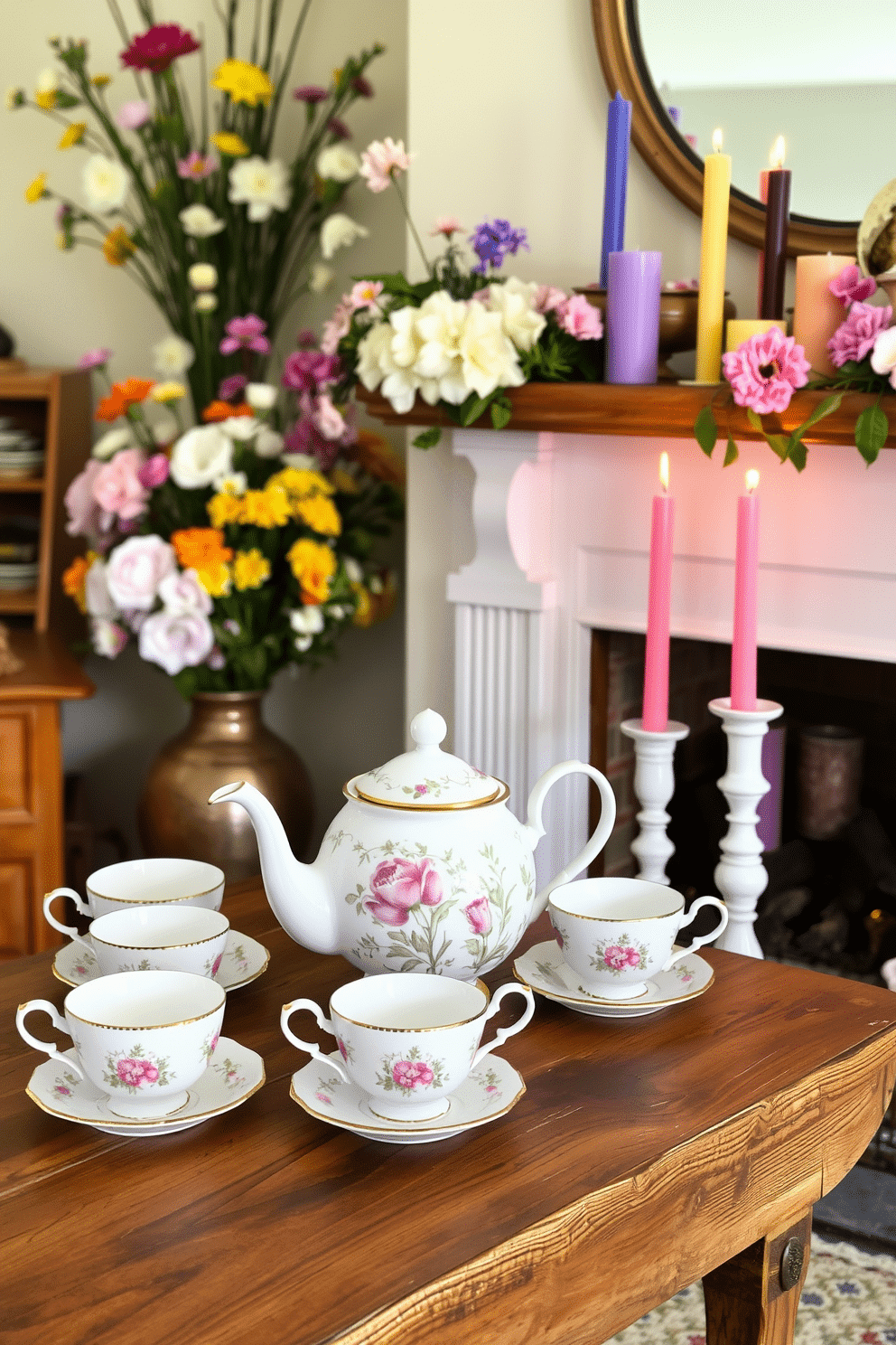 Charming tea sets for a cozy feel. A delicate porcelain tea set with floral patterns is arranged on a rustic wooden table, complemented by pastel-colored teacups and a matching teapot. Spring fireplace decorating ideas. The fireplace is adorned with fresh spring flowers in vibrant hues, and a collection of colorful candles in varying heights create a warm and inviting atmosphere.