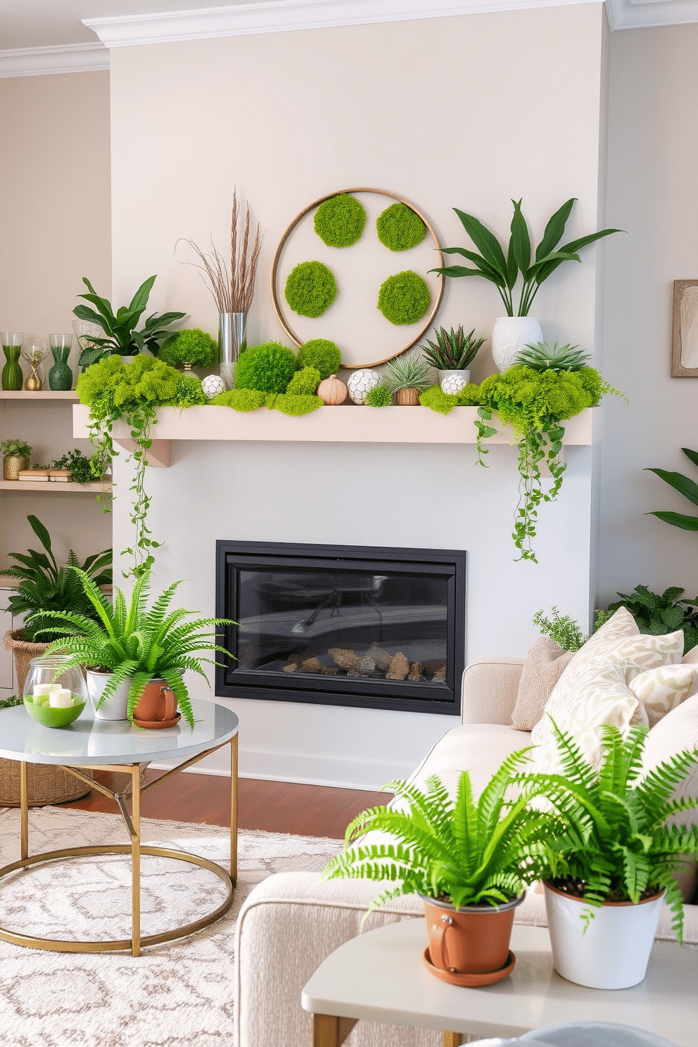 A cozy living room adorned with faux plants and vibrant moss accents. The space features a modern fireplace with a sleek mantel, decorated with an assortment of greenery and decorative elements for a fresh spring vibe. Lush faux ferns and succulents are strategically placed on shelves and tabletops, bringing life to the room. Soft pastel colors complement the natural elements, creating a serene atmosphere perfect for relaxation.