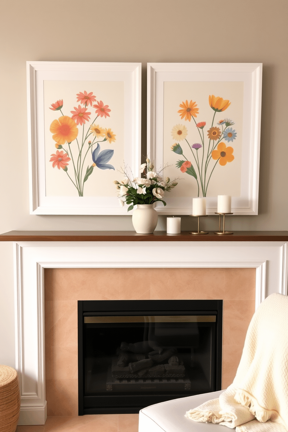 Framed spring art prints are hung above a modern fireplace, creating a vibrant focal point in the living room. The prints feature colorful floral designs that complement the warm tones of the fireplace surround. The mantel is adorned with seasonal decorations, including fresh flowers in a ceramic vase and soft pastel candles. A cozy throw blanket drapes over a nearby chair, inviting relaxation in this cheerful spring setting.