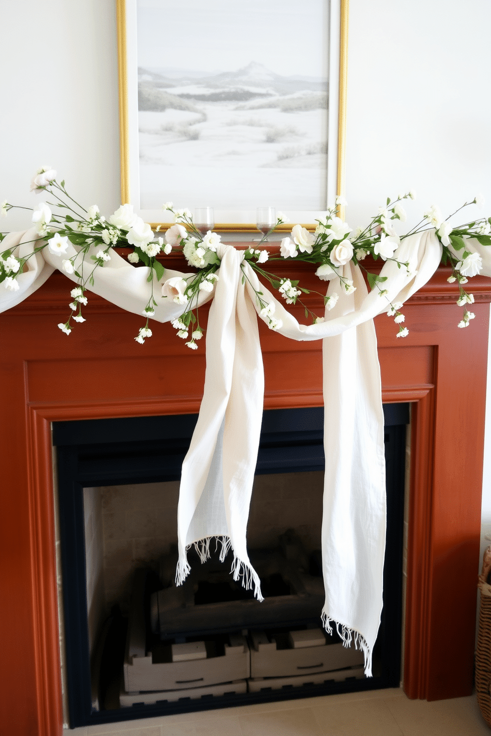 A charming spring fireplace adorned with a lightweight linen garland that cascades gracefully across the mantel. The garland features delicate floral accents in pastel hues, complementing the warm tones of the fireplace and creating a cozy, inviting atmosphere.