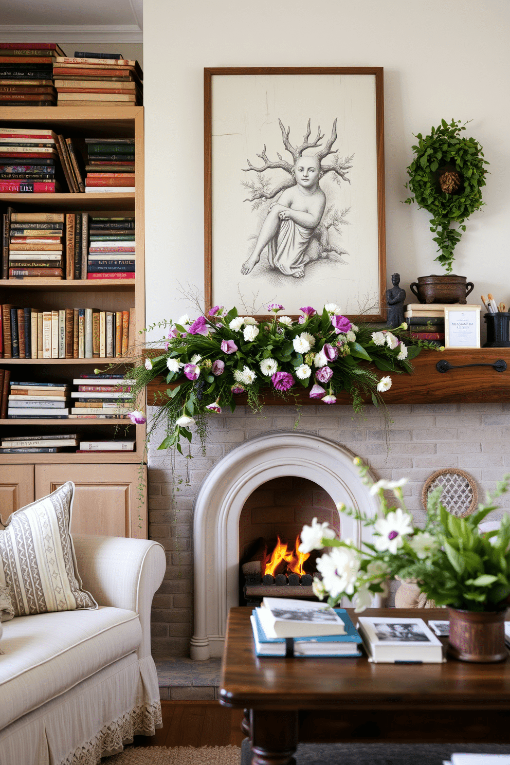 A cozy living room with a rustic charm featuring a vintage wooden bookshelf filled with stacked old books. A warm spring fireplace is adorned with fresh flowers and greenery, creating a welcoming atmosphere.