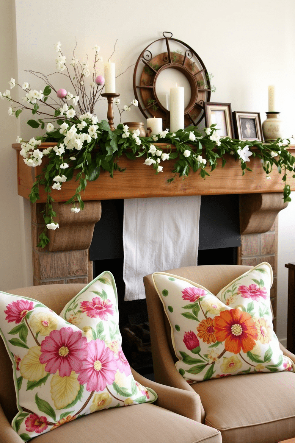 Seasonal throw pillows in vibrant floral patterns adorn the nearby chairs, bringing a touch of spring to the cozy living space. The colors of the pillows complement the soft pastel hues of the room, creating a cheerful and inviting atmosphere. The fireplace is elegantly decorated with fresh greenery and delicate blossoms, enhancing the seasonal charm. A rustic wooden mantel showcases a collection of decorative candles and small framed photos, adding warmth and personality to the setting.