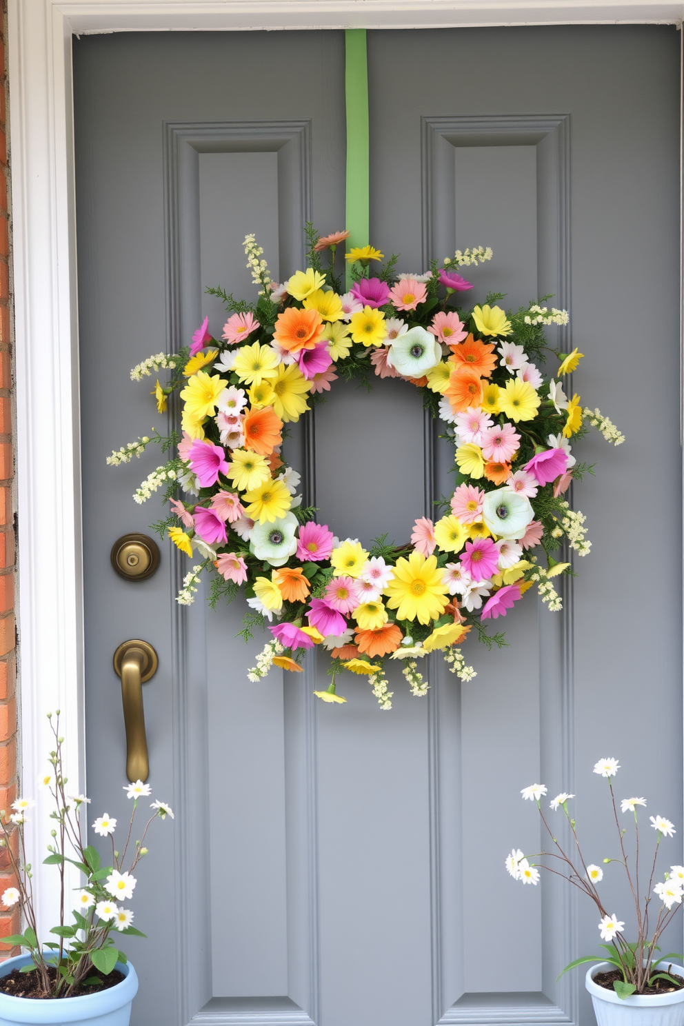 A colorful floral wreath adorned with pastel accents hangs gracefully on a charming front door. Surrounding the door are delicate potted plants that enhance the cheerful springtime ambiance.