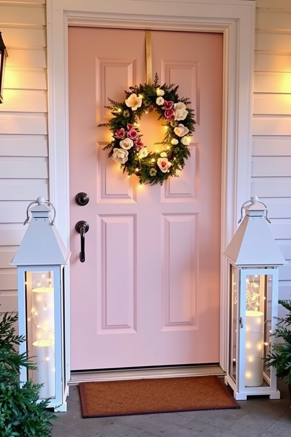 Charming lanterns filled with fairy lights are placed on either side of a welcoming front door. The door itself is painted a soft pastel color, adorned with a seasonal wreath made of fresh flowers and greenery.