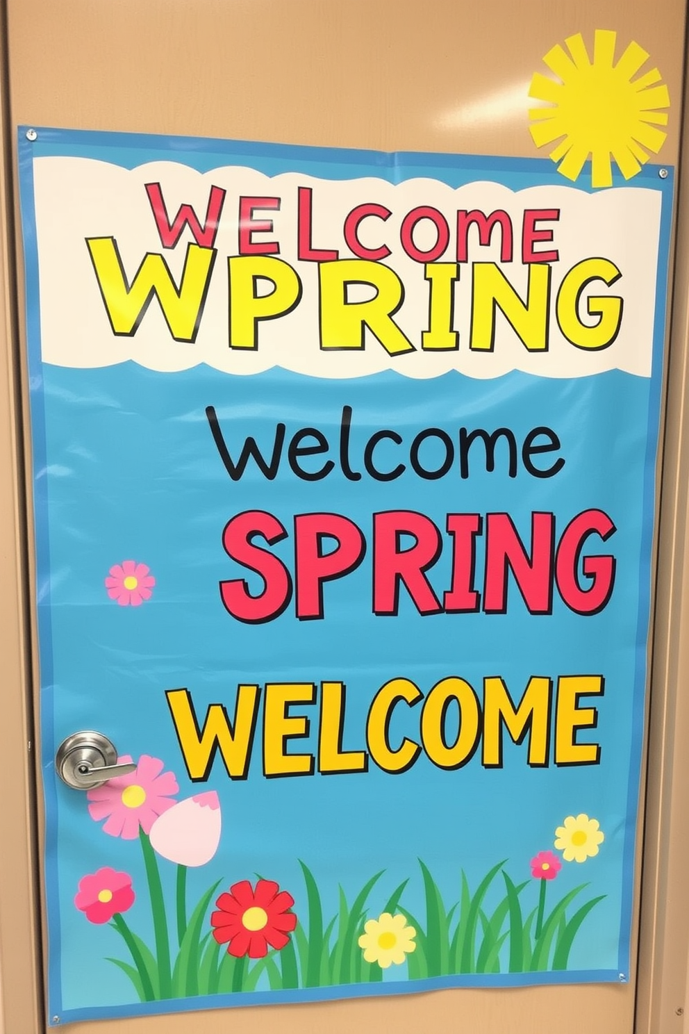 A vibrant seasonal door banner welcomes guests with cheerful spring messages. The banner features bright colors and floral designs that evoke the freshness of the season.