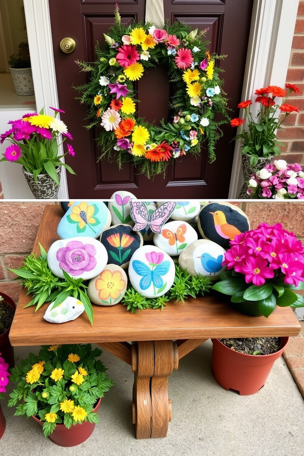 A collection of DIY painted rocks featuring vibrant spring motifs such as flowers butterflies and birds. These rocks are arranged in a charming display on a wooden table surrounded by fresh greenery. A beautifully decorated front door for spring showcasing a wreath made of colorful flowers and greenery. Flanking the door are potted plants with bright blooms adding a cheerful touch to the entrance.