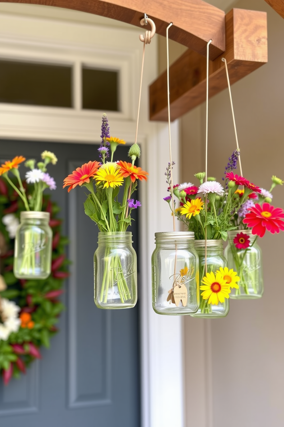 A charming front door adorned with hanging mason jars filled with vibrant wildflowers. The jars are suspended from a rustic wooden beam, creating a welcoming and cheerful entrance for the spring season.