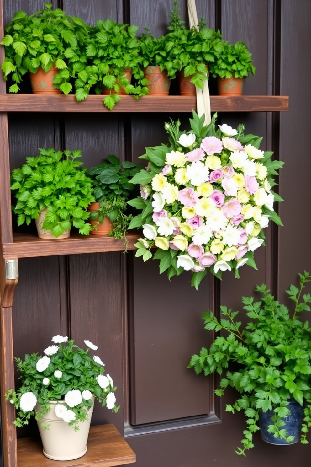 Fresh herbs in decorative pots arranged on a rustic wooden shelf. The vibrant green leaves contrast beautifully with the earthy tones of the pots, creating a lively and inviting atmosphere. Spring front door decorating ideas featuring a cheerful wreath made of pastel flowers. Flanking the door, potted plants add a touch of greenery, enhancing the welcoming entrance.