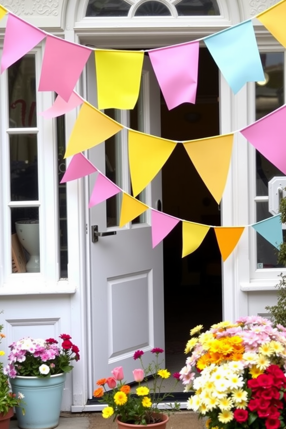 A vibrant front door adorned with colorful bunting flags in shades of pastel pink yellow and light blue. The door is painted a cheerful white and surrounded by blooming potted flowers in a variety of colors.