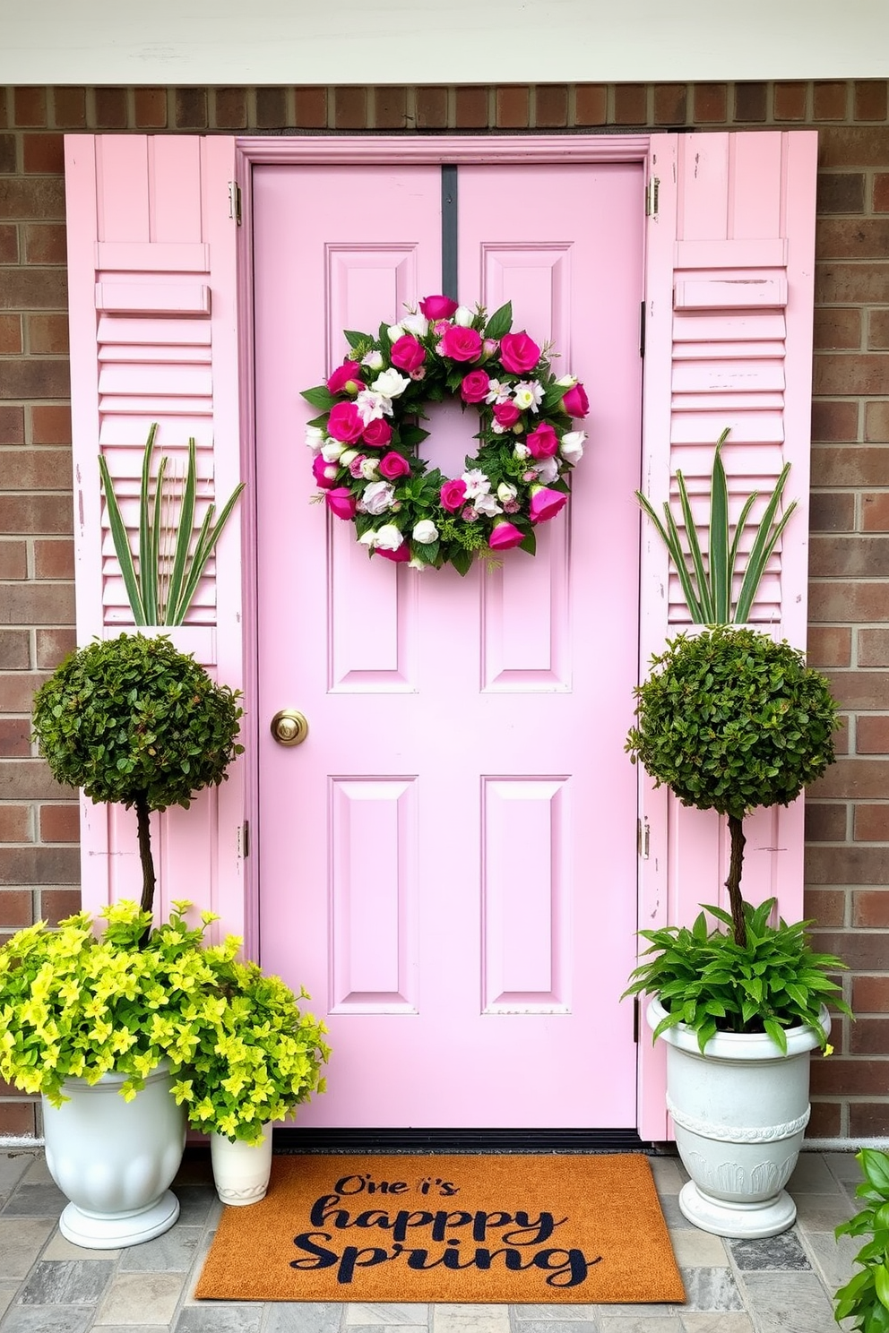 A charming front door adorned with repurposed wooden shutters creates a welcoming entrance. The shutters are painted in a soft pastel color, framing a vibrant wreath made of fresh spring flowers. On either side of the door, potted plants with lush greenery add a touch of life. A cozy doormat with a cheerful message completes the inviting spring decor.