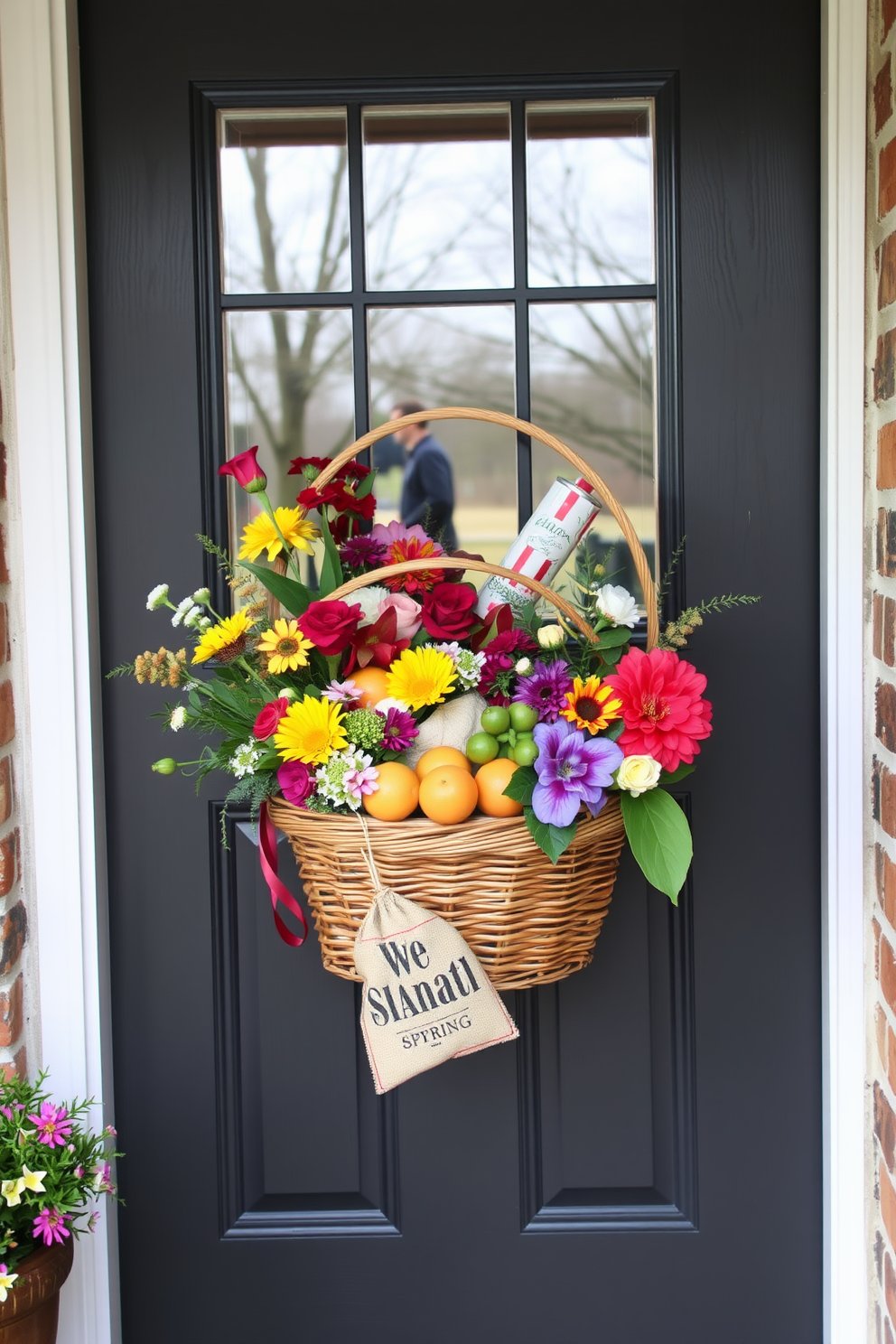 A charming front door adorned with a woven basket overflowing with vibrant seasonal goodies. The basket features fresh flowers, colorful fruits, and decorative elements that evoke the spirit of spring.