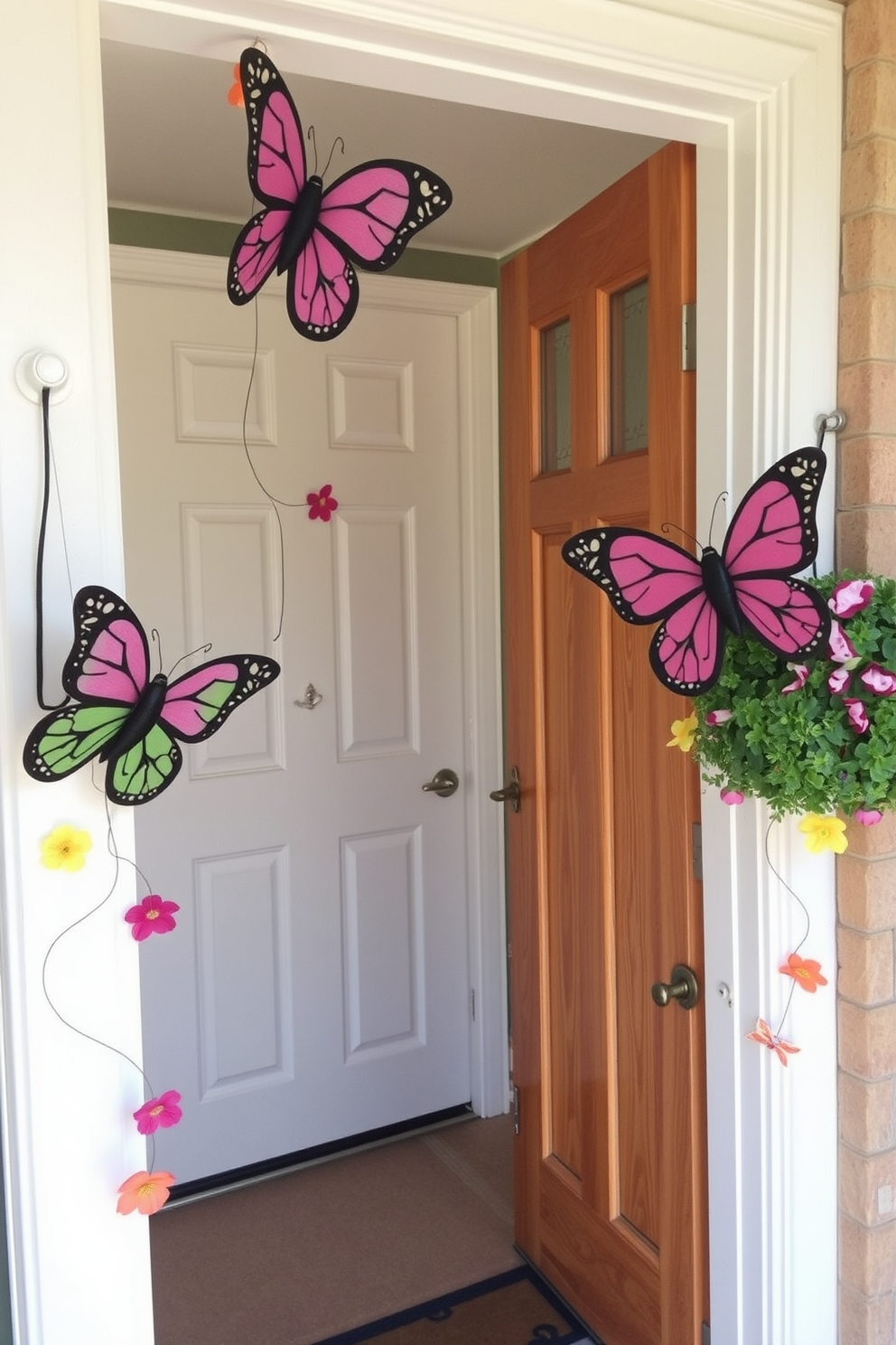 Charming butterfly decorations adorn the front door, creating a whimsical and inviting entrance. The butterflies are crafted from colorful materials, fluttering gently in the spring breeze, enhancing the cheerful atmosphere of the home.