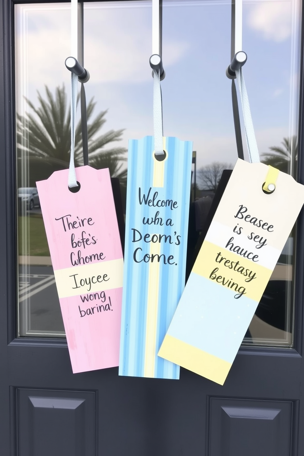 Pastel colored door hangers adorned with inspirational quotes gently sway in the spring breeze. Each hanger features a unique design, combining soft hues of pink, blue, and yellow to create a cheerful welcome at the front door.