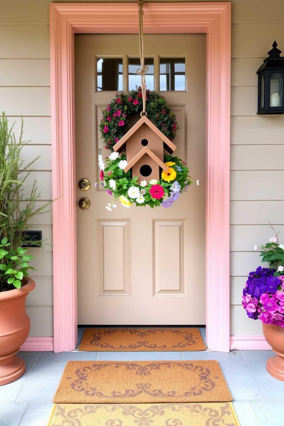 A charming front door adorned with a whimsical hanging birdhouse surrounded by vibrant spring flowers. The door itself is painted a cheerful pastel color, complemented by a welcoming doormat and potted plants on either side.