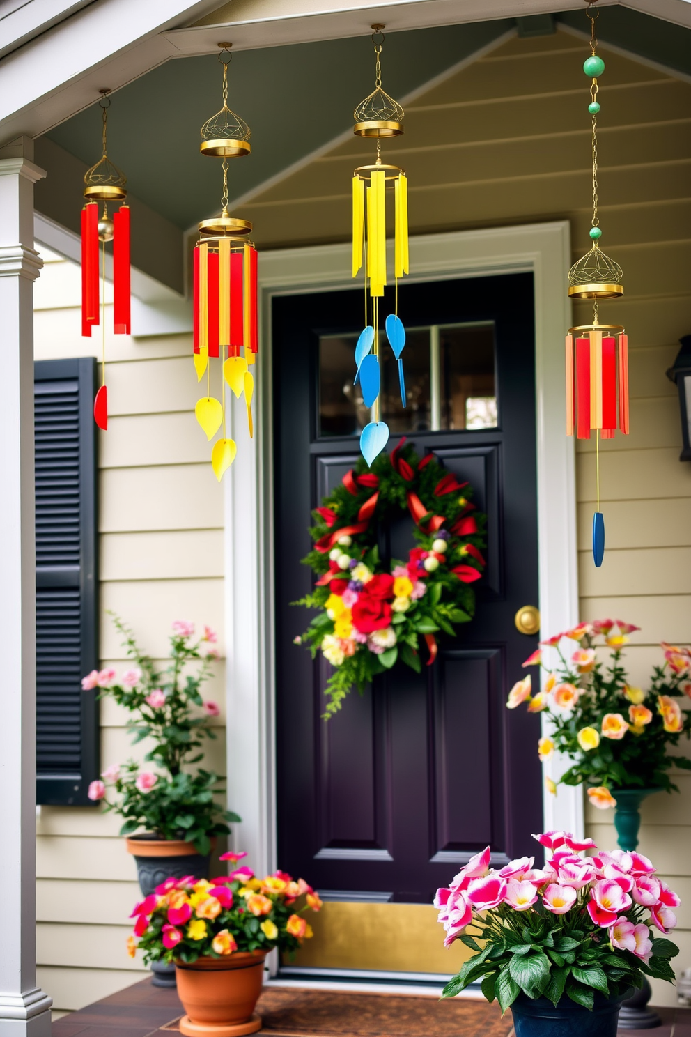 Brightly colored wind chimes hang gracefully from the eaves of a charming front porch. Each chime features vibrant hues of red, blue, and yellow, creating a cheerful and inviting atmosphere. The front door is adorned with a seasonal wreath made of fresh flowers and greenery. Flanking the door, potted plants with blooming petals add to the lively spring decor.