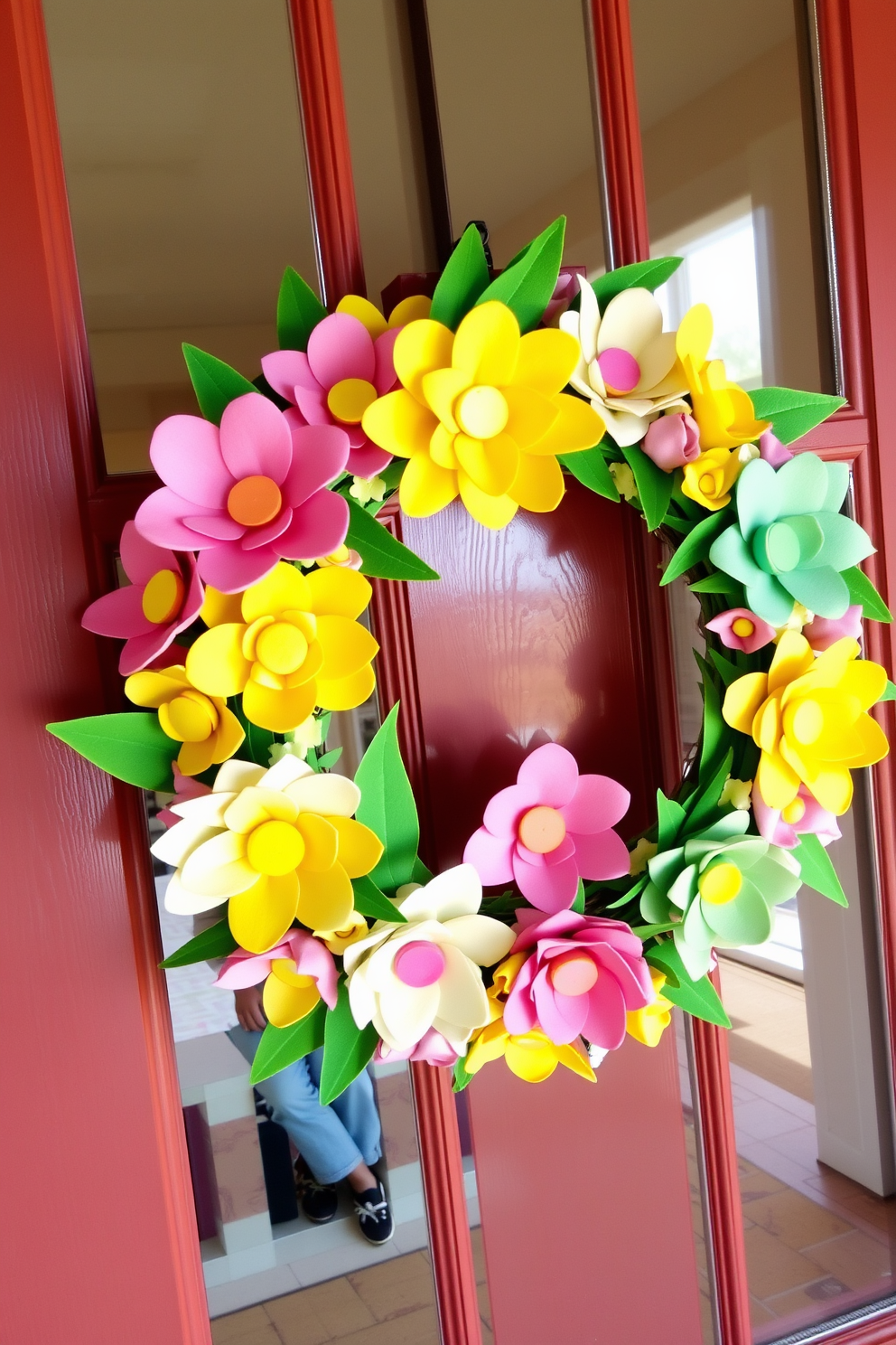 A vibrant seasonal wreath made of colorful felt flowers adorns a charming front door. The wreath features an array of pastel hues, including pinks, yellows, and greens, capturing the essence of spring and welcoming guests with a cheerful touch.