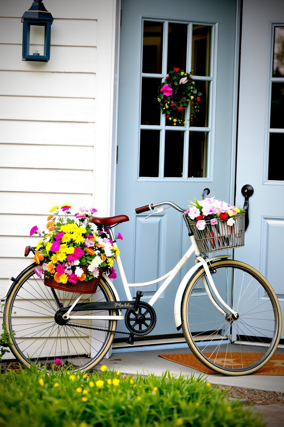 A charming front door showcases a vintage bicycle adorned with an array of colorful flowers. The bicycle leans against the door, creating a welcoming atmosphere that captures the essence of spring.