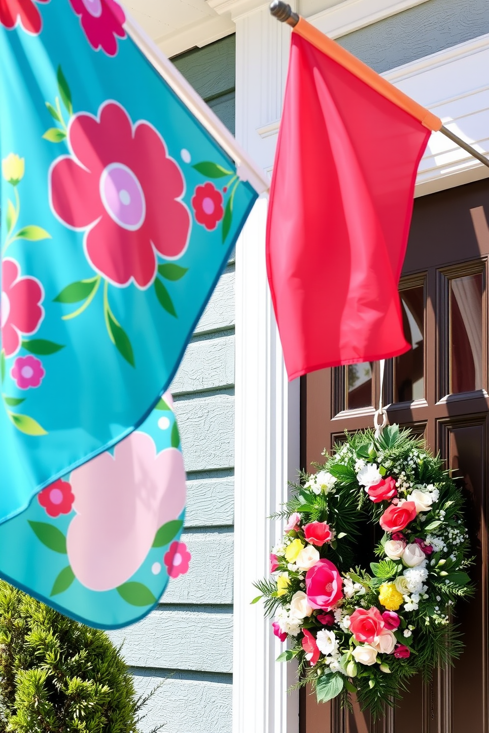 Festive flags in vibrant colors flutter gently in the breeze, showcasing floral patterns and cheerful designs that celebrate the arrival of spring. The front door is adorned with a charming wreath made of fresh blooms and greenery, perfectly complementing the lively flags and inviting guests into a warm and welcoming atmosphere.