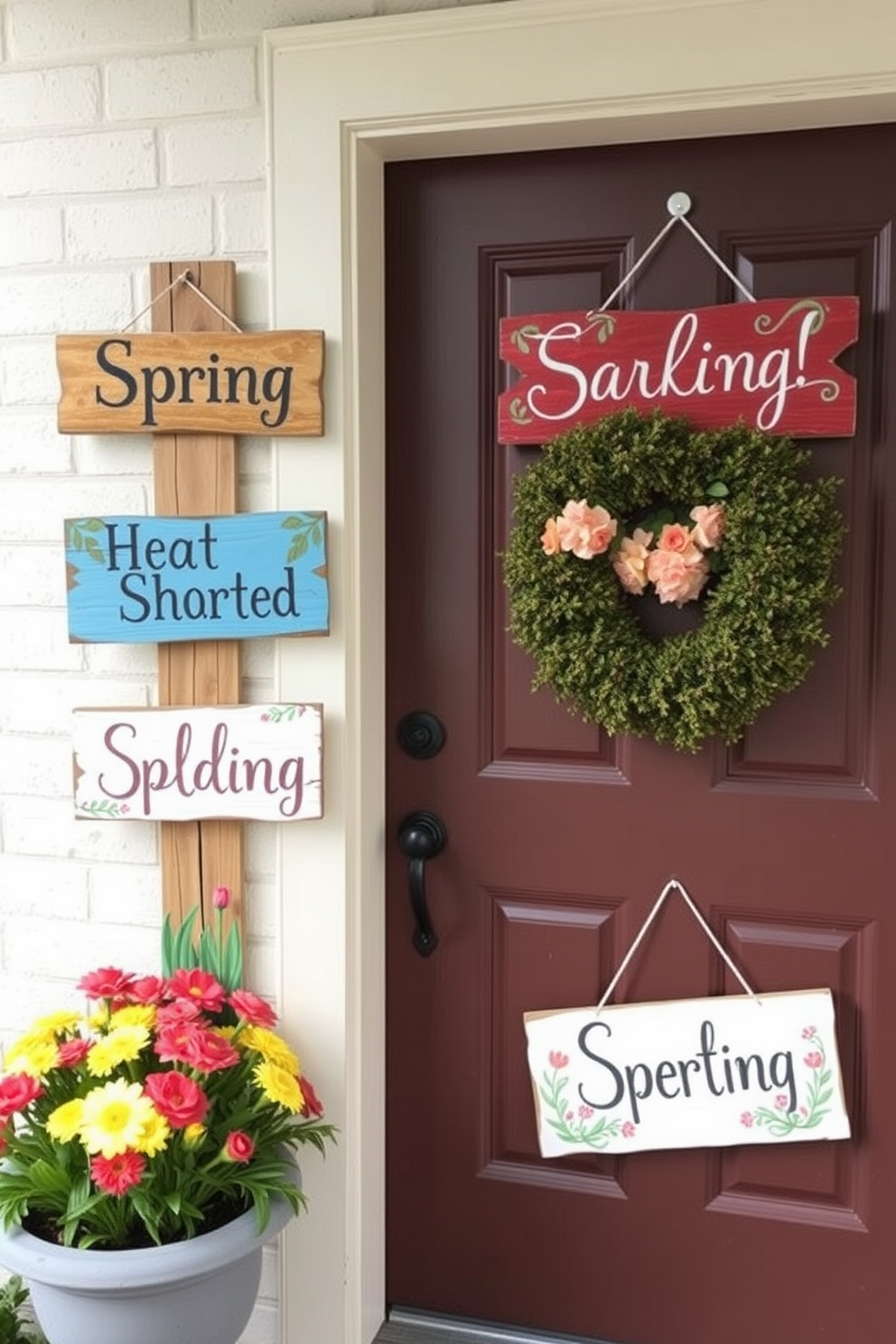 A charming front door adorned with hand-painted signs featuring seasonal greetings. The signs are crafted from reclaimed wood, showcasing vibrant colors that reflect the spirit of spring.