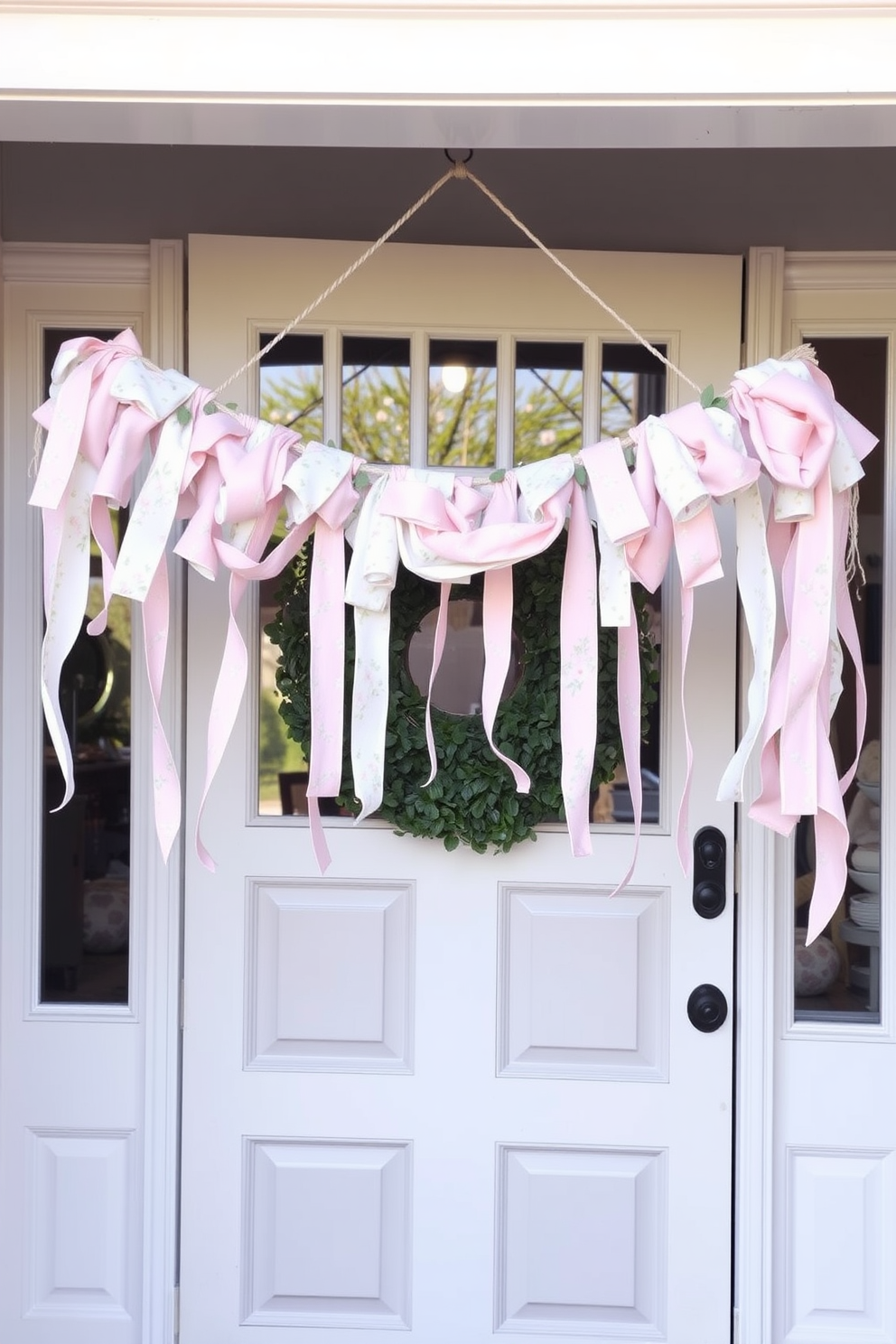 A charming front door adorned with a hanging fabric garland in soft pastel colors. The garland features delicate floral patterns and flowing ribbons, creating a welcoming atmosphere that captures the essence of spring.