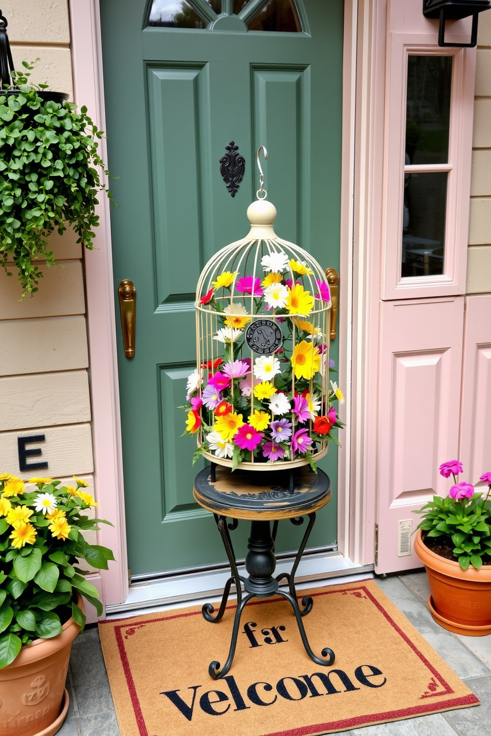 A charming decorative birdcage is adorned with an array of vibrant faux flowers, creating a whimsical focal point. The birdcage is placed on a small rustic table near the front door, inviting guests with its cheerful display. The front door is painted in a soft pastel color, complemented by a matching welcome mat that adds a touch of warmth. Surrounding the door are potted plants and hanging greenery, enhancing the welcoming atmosphere of the entrance.