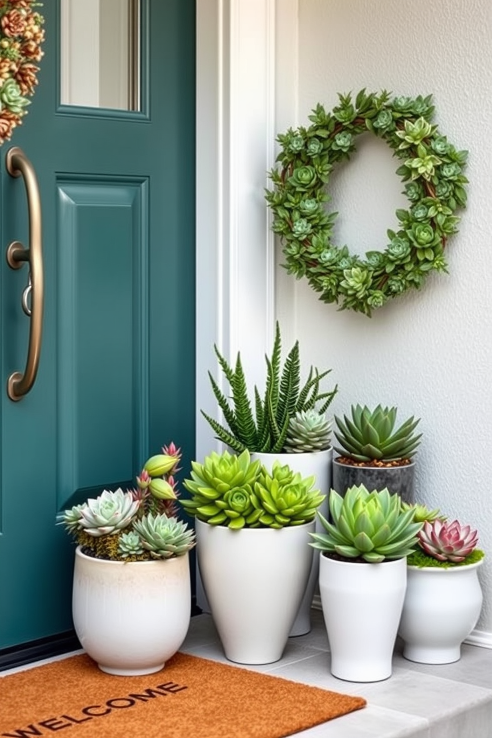 A modern front door adorned with potted succulents creates a fresh and inviting atmosphere. The vibrant green of the succulents contrasts beautifully with the door's color, enhancing the overall curb appeal. Arrange a variety of succulents in stylish ceramic pots of different heights for visual interest. Incorporate decorative elements like a welcome mat and seasonal wreath to complete the spring look.