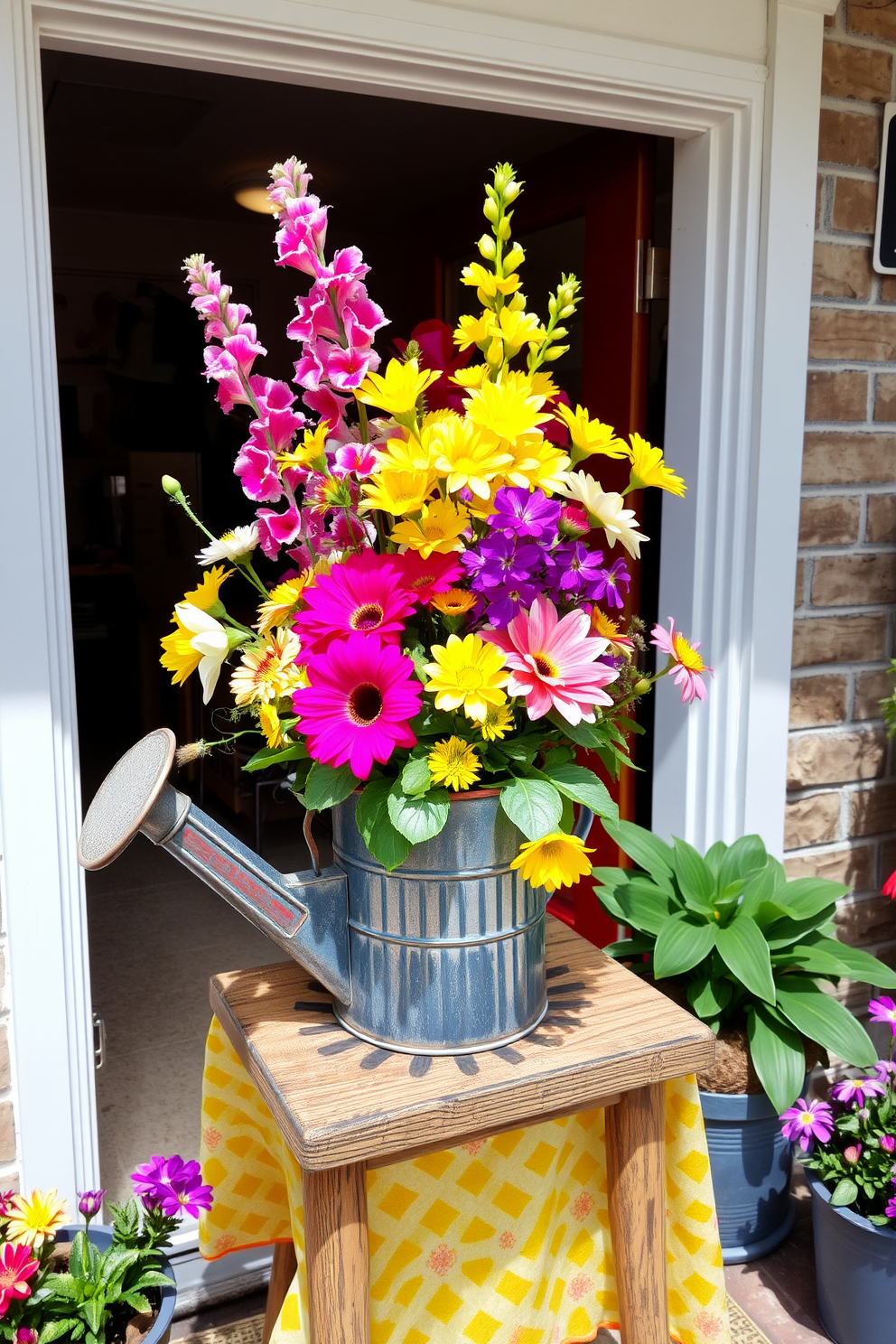 A lively floral arrangement is displayed in a rustic watering can at the entrance. Brightly colored flowers in shades of pink, yellow, and purple create an inviting atmosphere for spring. The watering can is placed on a small wooden table adorned with a cheerful tablecloth. Surrounding the entrance are potted plants that complement the vibrant arrangement, enhancing the seasonal decor.