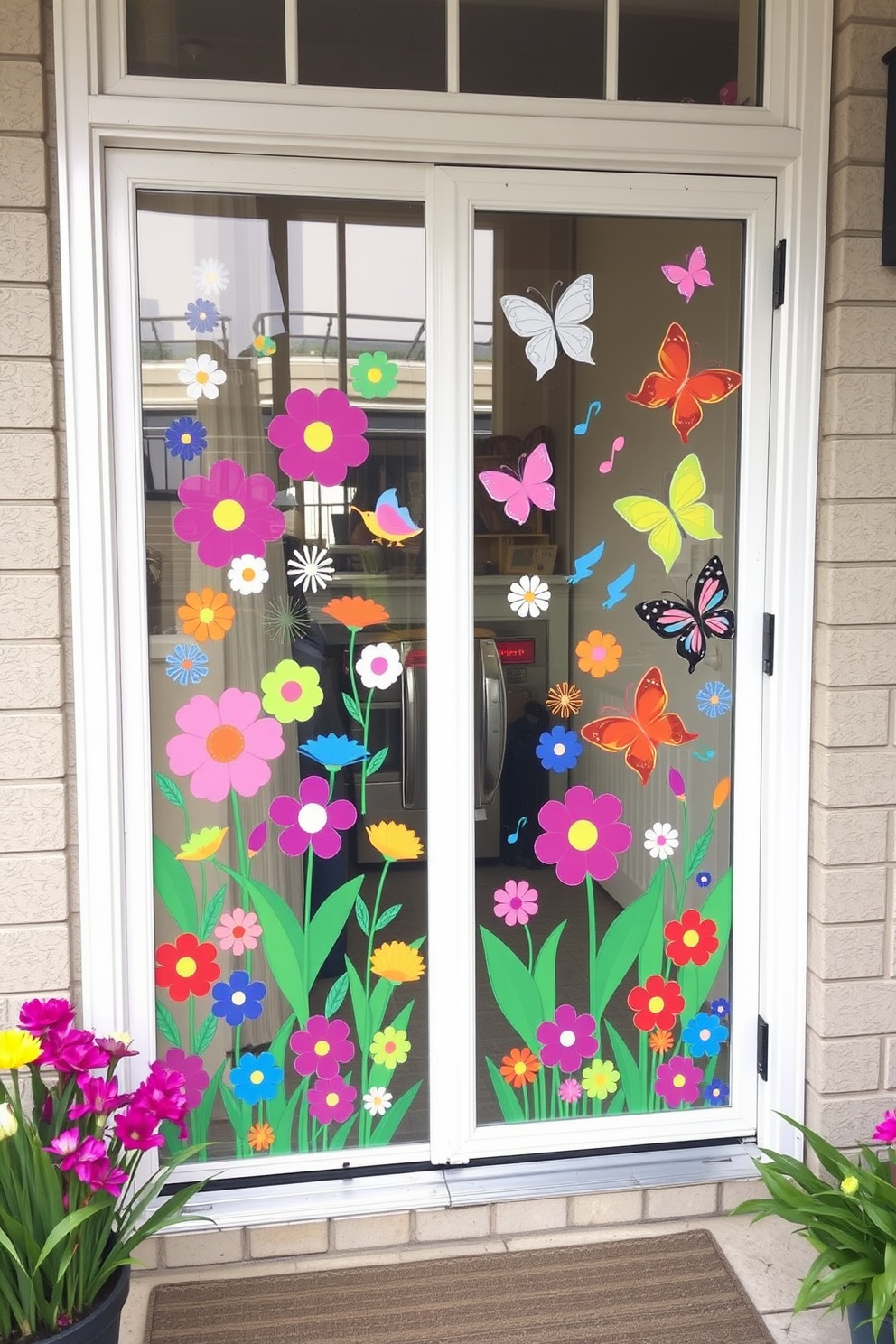 Create a vibrant spring-themed front door display featuring colorful door stickers. The stickers should include floral designs, cheerful birds, and playful butterflies to evoke a sense of joy and renewal.