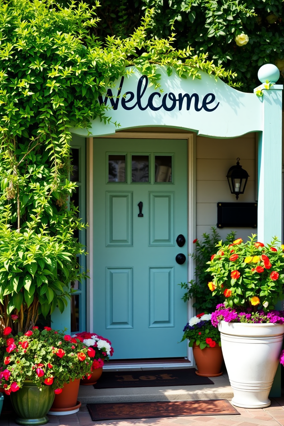 Brightly painted welcome sign adorned with vibrant greenery. The front door is framed by lush potted plants and colorful flowers, creating an inviting atmosphere.