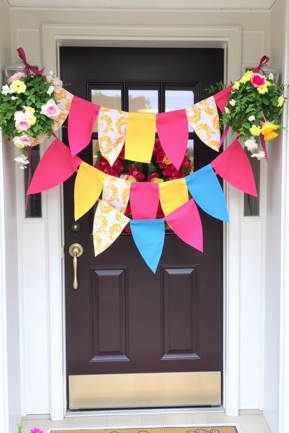 A cheerful spring front door adorned with hanging fabric bunting in bright hues. The bunting features a mix of vibrant colors like pink, yellow, and blue, creating a festive atmosphere.