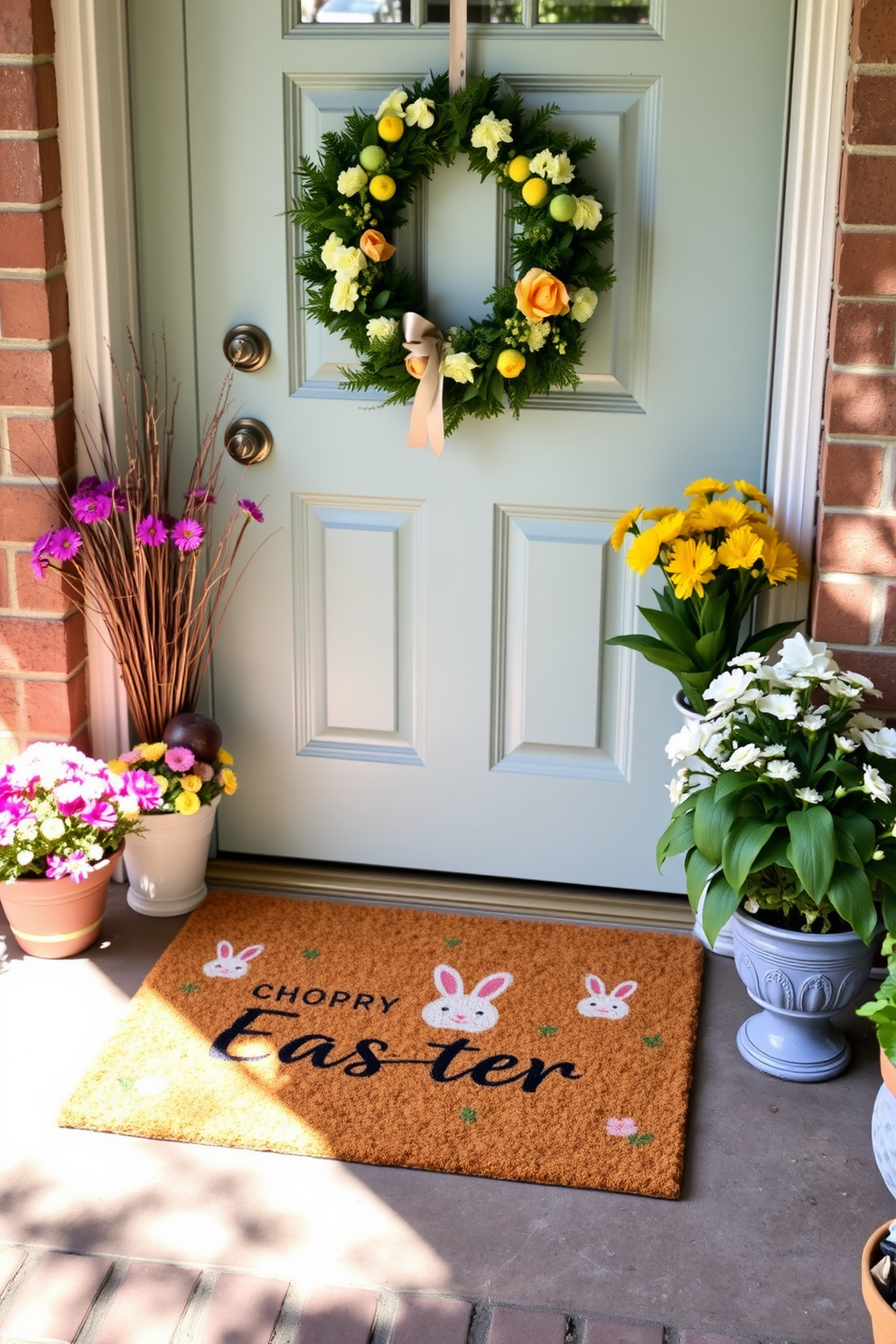 A cheerful Easter-themed door mat featuring playful bunnies welcomes guests at the entrance. The mat is adorned with vibrant pastel colors that evoke the spirit of spring, making it a delightful addition to your front door decor. Surrounding the door mat, seasonal decorations such as blooming flowers in colorful pots and a festive wreath enhance the welcoming atmosphere. Soft, natural lighting highlights the cheerful elements, creating a warm and inviting entryway for the spring season.