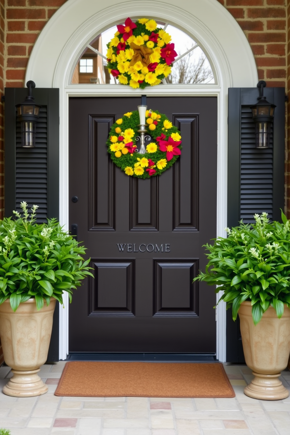 A welcoming front door adorned with vibrant spring decorations. On either side, lush potted plants in elegant ceramic pots add a touch of greenery and freshness.