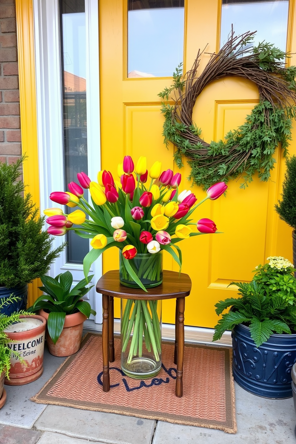 A vibrant tulip bouquet in a clear glass vase sits on a small wooden table by the front door. The colorful blooms are complemented by a rustic welcome mat and potted plants on either side of the entrance. The front door is painted a cheerful shade of yellow, creating a warm and inviting atmosphere. A decorative wreath made of twigs and fresh greenery hangs on the door, adding a touch of seasonal charm.