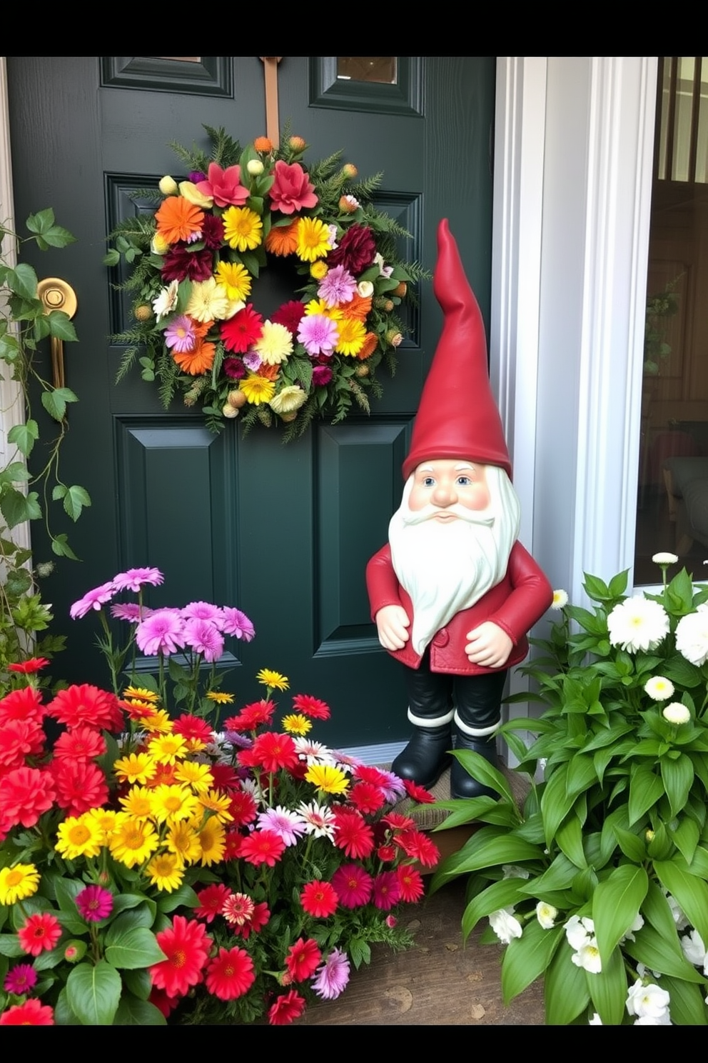 A whimsical garden gnome stands cheerfully by the front door, surrounded by vibrant flowers and lush greenery. The door itself is adorned with a colorful wreath made of seasonal blooms, welcoming guests with a touch of spring magic.