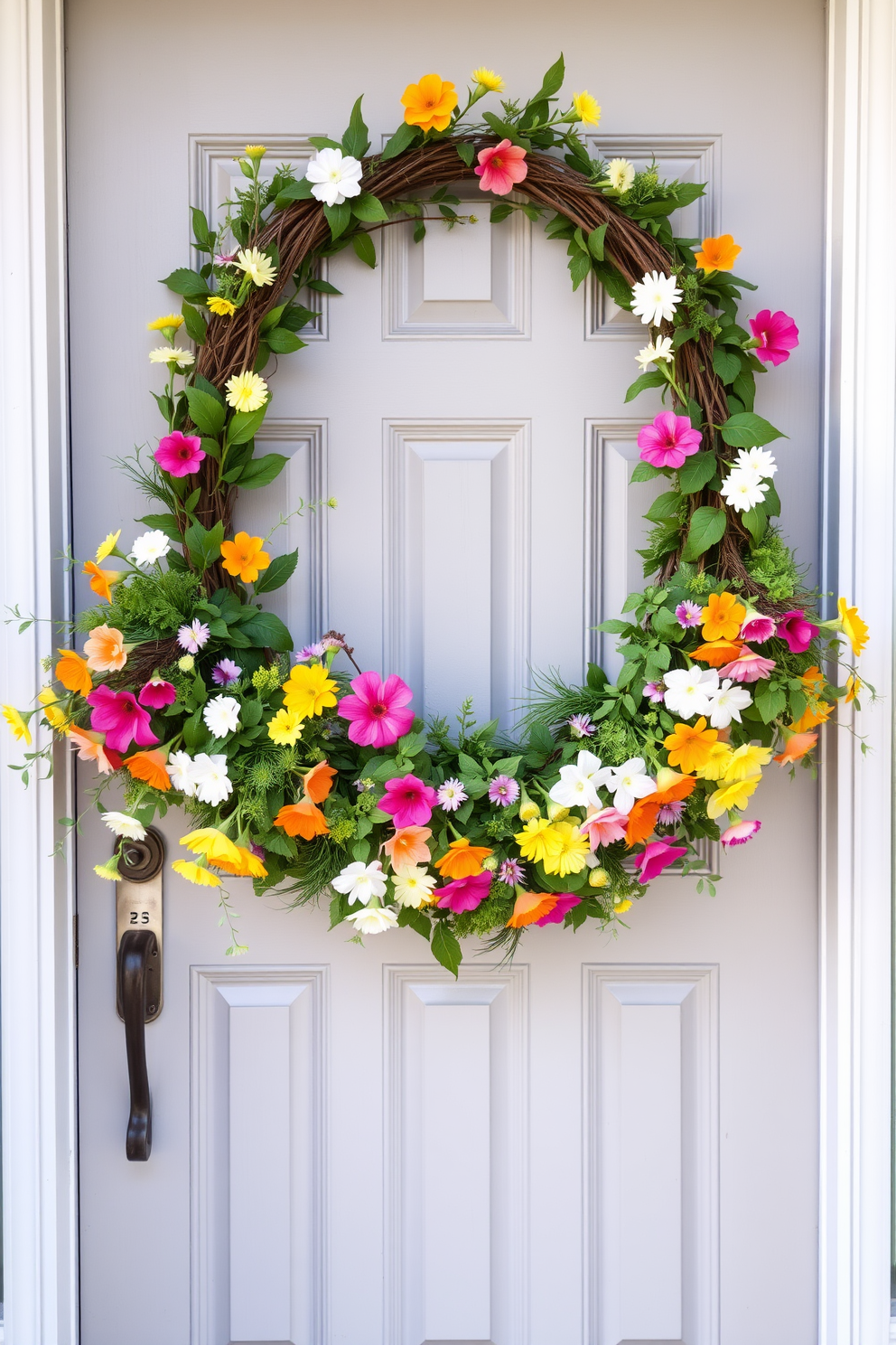 A cheerful spring-themed garland is elegantly draped across the front door, showcasing vibrant flowers and greenery that welcome the season. The door itself is painted in a soft pastel hue, creating a warm and inviting entrance to the home.