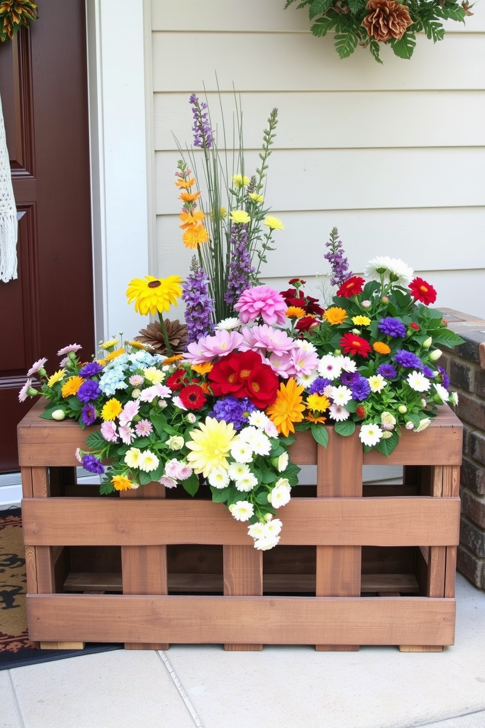 A rustic wooden crate is filled with a vibrant assortment of colorful flowers, creating a charming and inviting display. The crate is placed on a welcoming front porch, enhancing the seasonal decor with a touch of natural beauty.