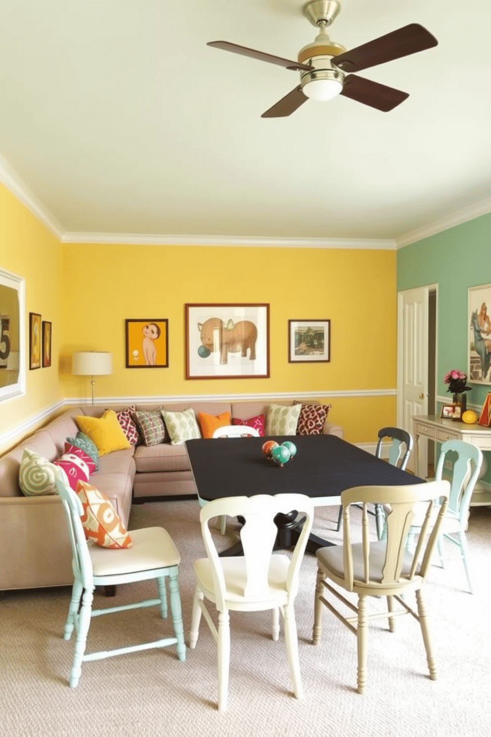 Bright pastel wall colors create a refreshing and cheerful atmosphere in the game room. The walls are painted in soft shades of mint green and pale yellow, complemented by playful artwork and decorative accents. A cozy seating area features a plush sectional sofa adorned with colorful throw pillows. The game table is surrounded by mismatched chairs, adding a touch of whimsy to the space.