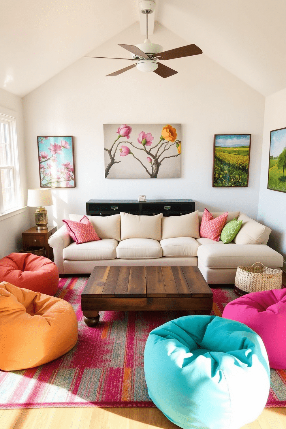 A vibrant game room filled with natural light. The walls are adorned with seasonal artwork featuring blooming flowers and bright landscapes that evoke the essence of spring. A large, comfortable sectional sofa in soft pastels sits in the center, surrounded by playful bean bags. A rustic coffee table made of reclaimed wood anchors the space, while a colorful area rug adds warmth and texture to the floor.