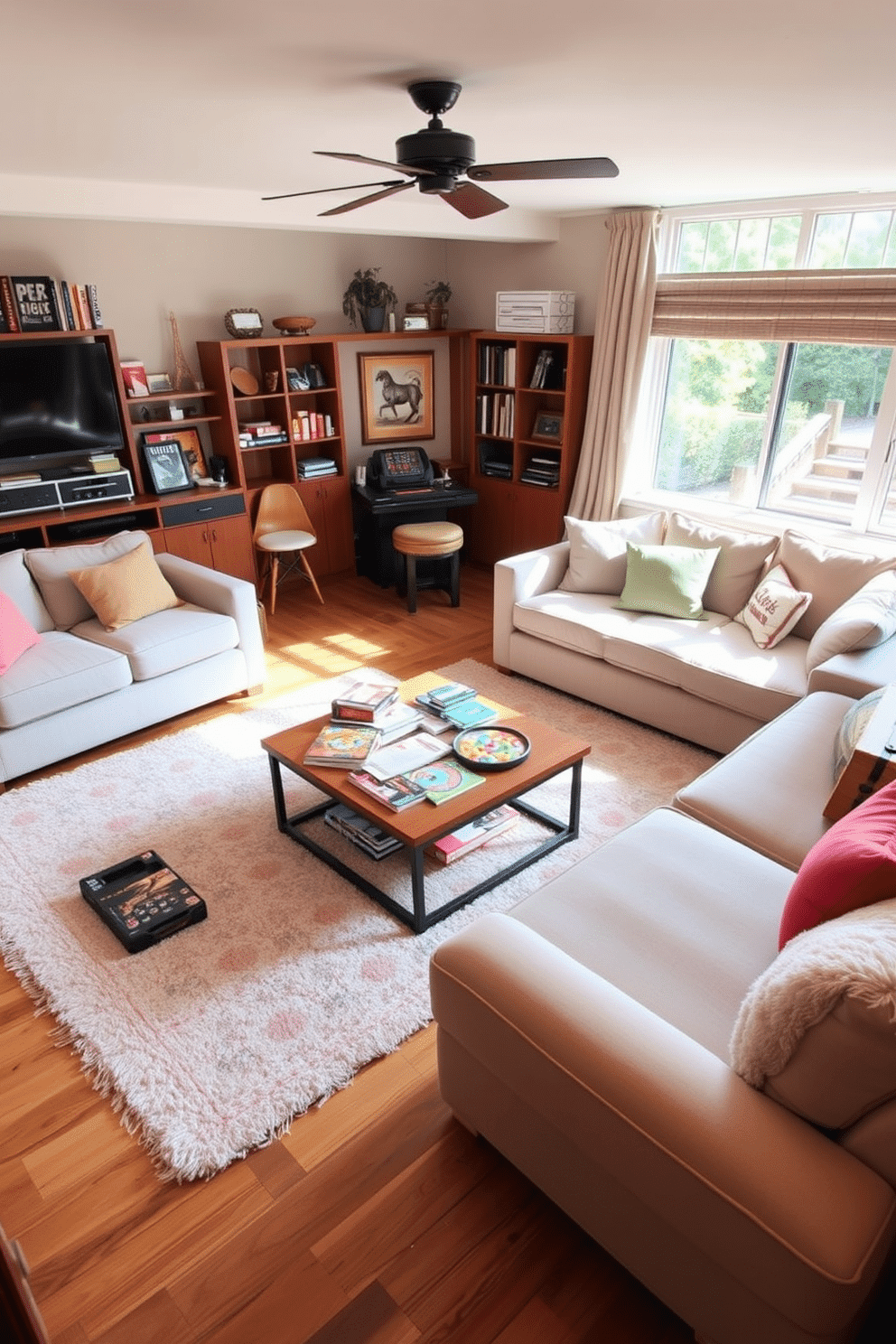 A cozy game room filled with natural light. The space features a large sectional sofa adorned with colorful throw pillows, inviting relaxation and socializing. Soft area rugs in pastel colors are spread across the hardwood floor, enhancing comfort and warmth. A stylish coffee table sits at the center, surrounded by a selection of board games and magazines for entertainment.